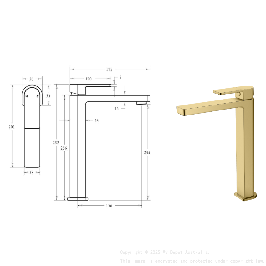 Flores High Rise Basin Mixer Brushed Gold