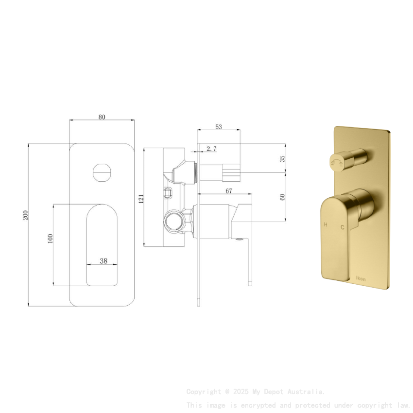 Flores Wall Mixer with Diverter Brushed Gold