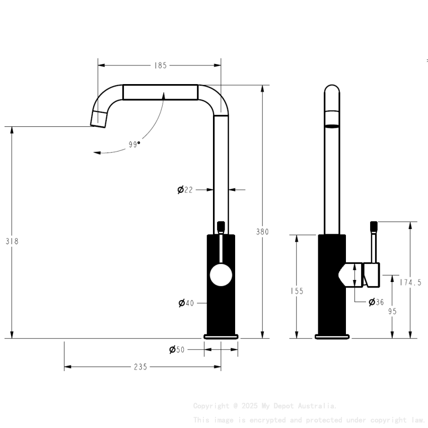Linie Squareneck Sink Mixer Gun Metal