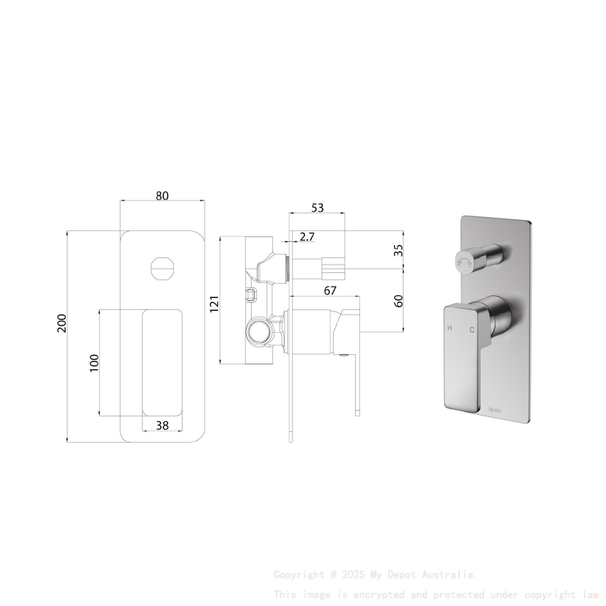 Ceram Wall Mixer with Diverter Brushed Nickel