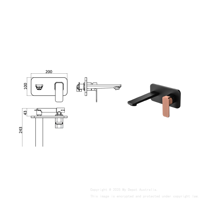 Seto Wall Basin Mixer Black & Rose Gold Handle