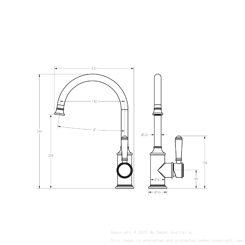 Clasico Gooseneck Sink Mixer Ceramic handle in Brushed Gold
