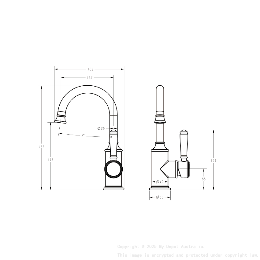 Clasico Gooseneck Basin Mixer Ceramic handle in Brushed Gold