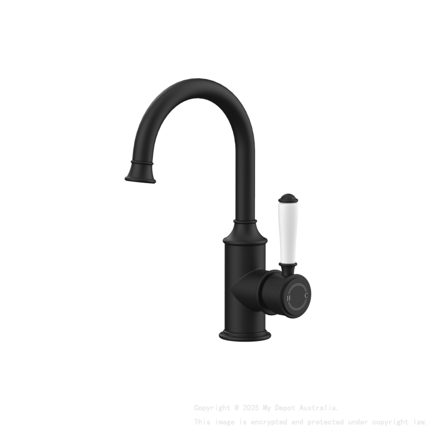Clasico Gooseneck Basin Mixer Ceramic handle in Matt Black