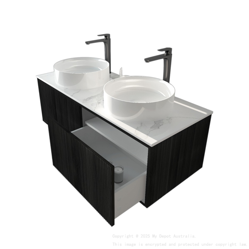 1190mm Kiama Bottega Oak 1 Right Drawer 1 Left Door Fluted Wall Hung Vanity Cabinet Only