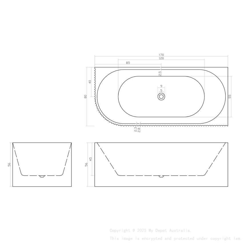 1700mm Kiama Grooved Gloss White Right Corner Fit Fluted Bathtub 