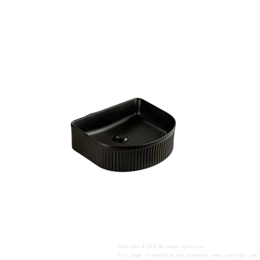 400*350*130mm Matt Black Arco Flueted Fine Ceramic Above Counter Basin No Overflow 32mm Waste
