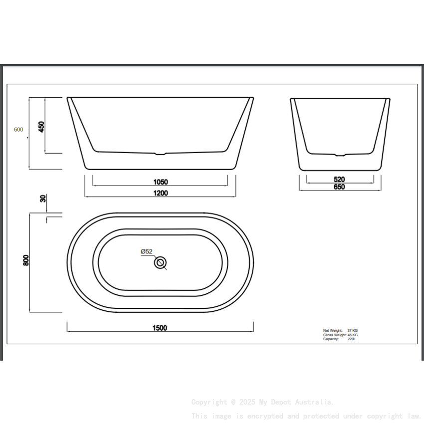 1500X800X600mm Gloss White Agena Acylic Free Standing Bathtub No Overflow Chrome Waste And Pipe Included