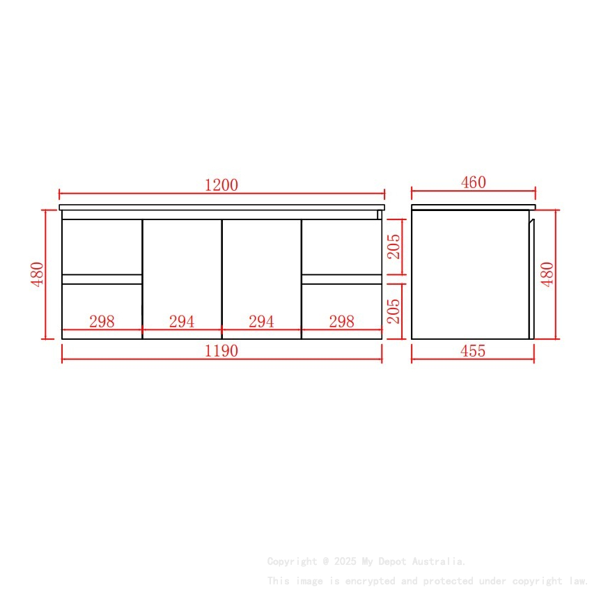 1190*455*480mm Gloss White Alpha Wall Hung PVC Vanity Single Bowl