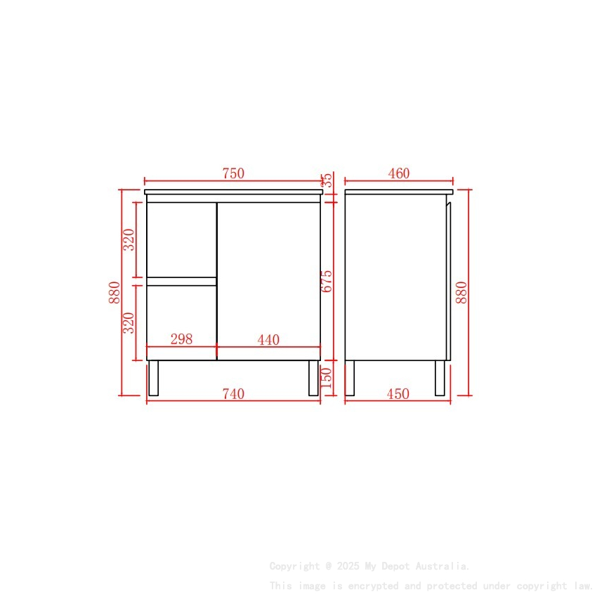 740*455*860mm Gloss White Alpha Free Standing PVC Vanity,Left Hand Drawers