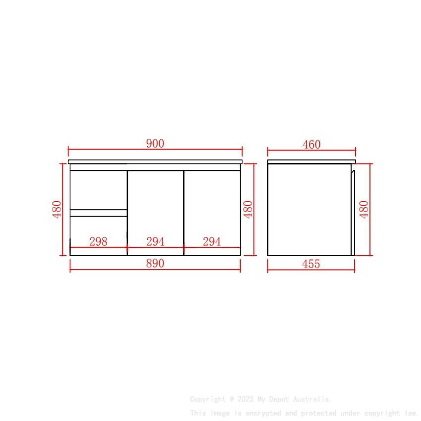 890*455*480mm Gloss White Alpha Wall Hung PVC Vanity,Left Hand Drawers