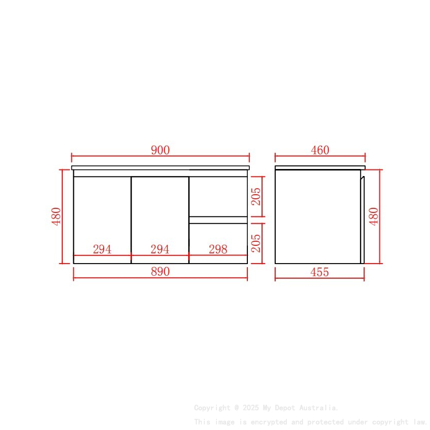 890*455*480mm Gloss White Alpha Wall Hung PVC Vanity,Right Hand Drawers