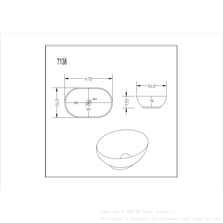 410*340*135mm Matte White Birch Fine Ceramic Above Counter Basin No Overflow 32mm Waste