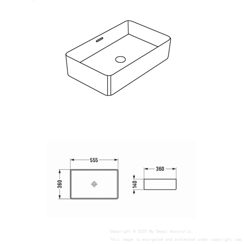 555*360*140mm Gloss White Crete Fine Ceramic Above Counter Basins Overflow 32mm Waste