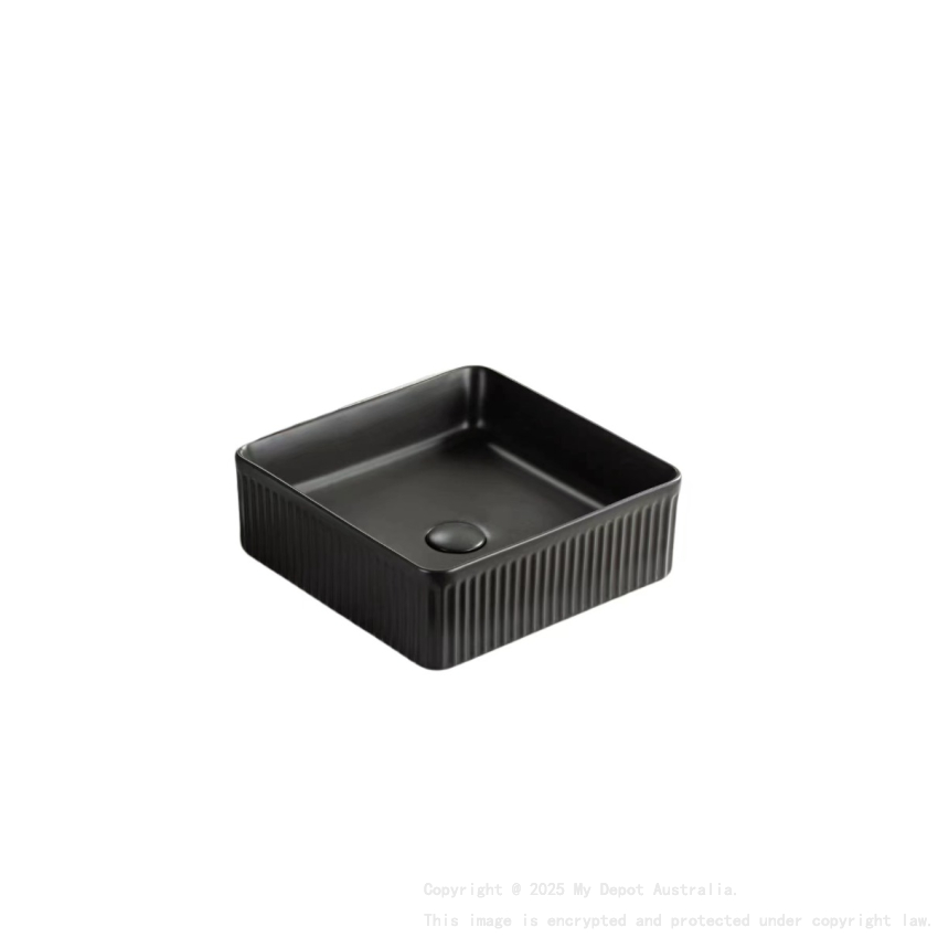 400*400*130mm Matte Black Crete Flueted Fine Ceramic Above Counter Basin No Overflow 32mm Waste