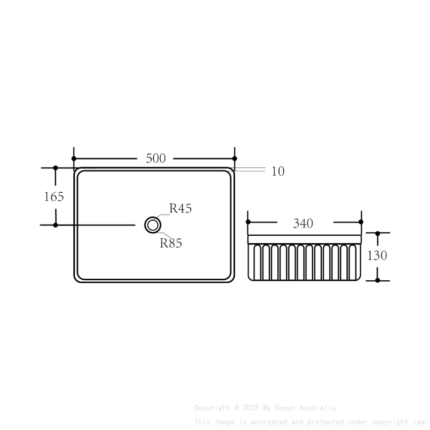 500*340*130mm Matte Black Crete Flueted Fine Ceramic Above Counter Basin No Overflow 32mm Waste