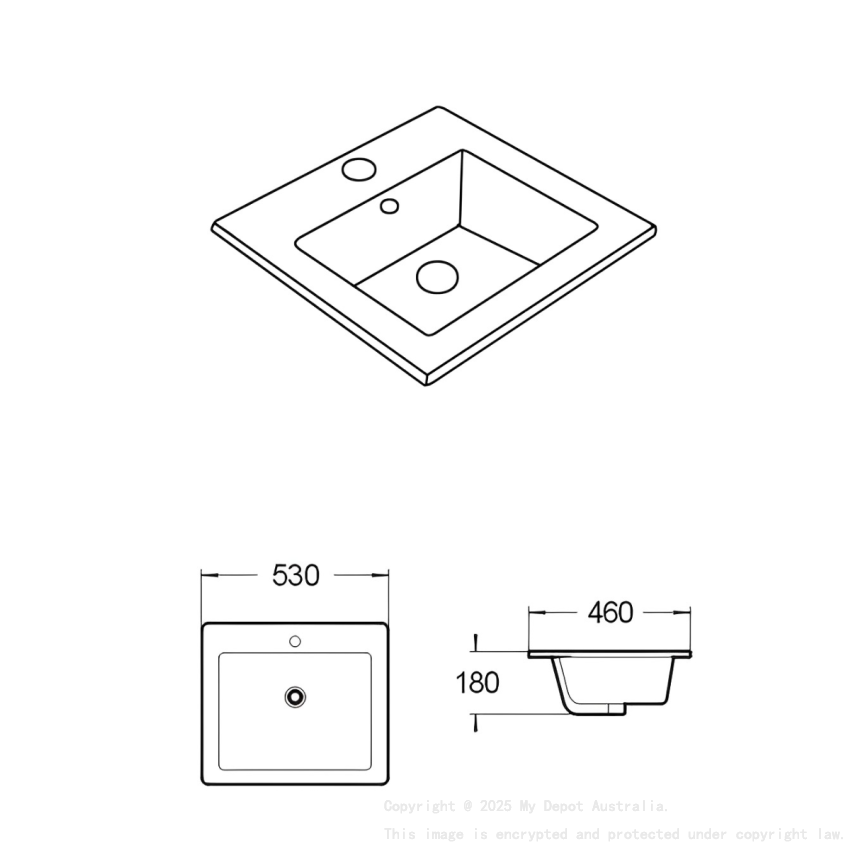 530*460*180mm Gloss White Crete Fine Ceramic Insert Basin Tap Hole Overflow 32mm Waste