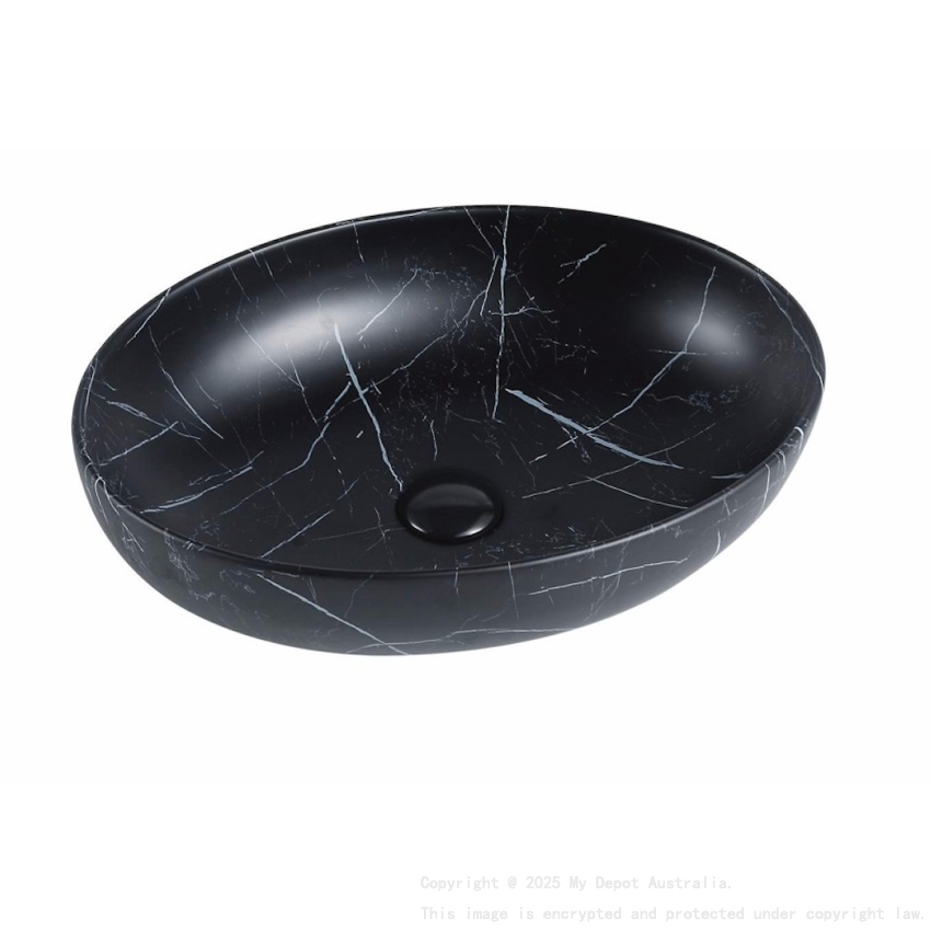 520*395*130mm Matt Marble Black Carey Fine Ceramic Above Counter Basin No Overflow 32mm Waste