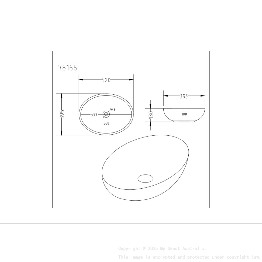 520*395*130mm Matt Marble Black Carey Fine Ceramic Above Counter Basin No Overflow 32mm Waste