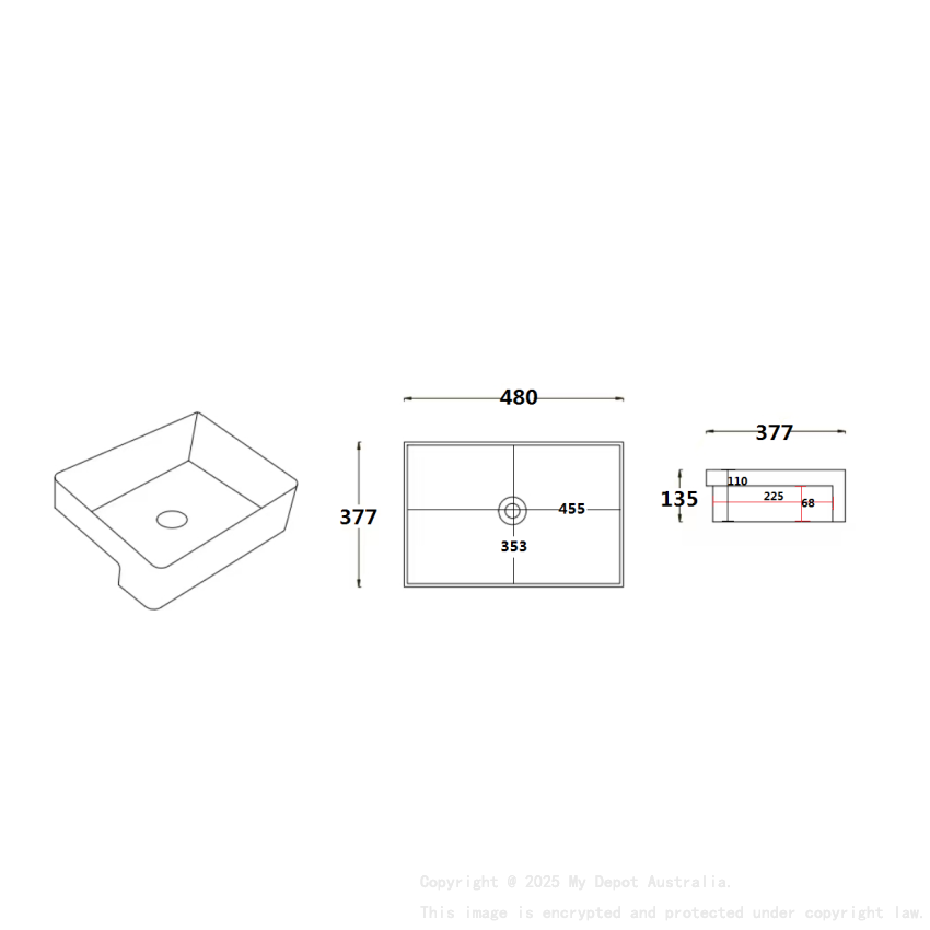 480*377*135mm Gloss White Kliff Fine Ceramic Semi Ress Basin Tap Hole No Overflow 32mm Waste