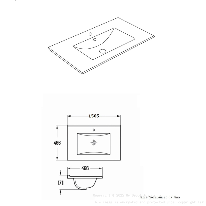 1505*463*175mm Gloss White Crete Fine Ceramic Counter Top One Tap Hole Overflow 32mm Waste