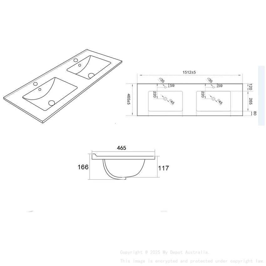 1510*465*180 Gloss White Crete Fine Ceramic Counter Top Tap Hole Double Bowl Overflow 32mm Waste