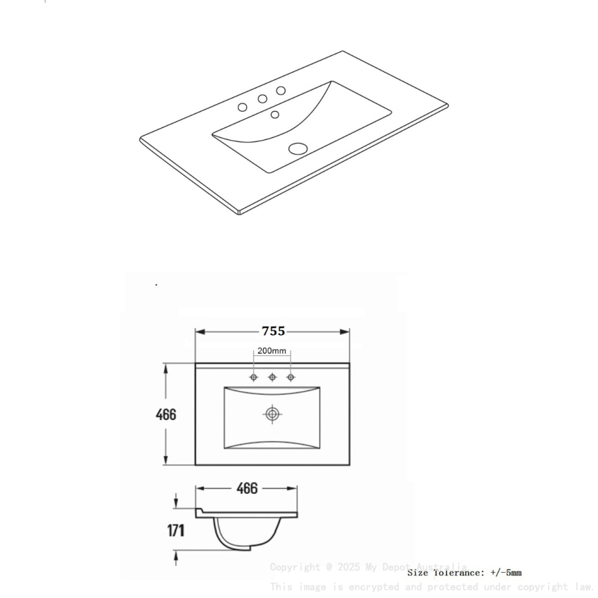 755*463*175mm Gloss White Crete Fine Ceramic Counter Top 3 Tap Hole Overflow 32mm Waste