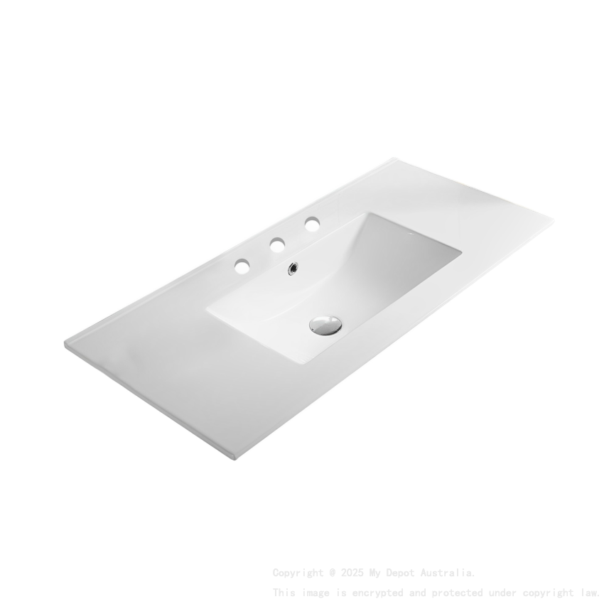 905*463*175mm Gloss White Crete Fine Ceramic Counter Top 3 Tap Hole Overflow 32mm Waste