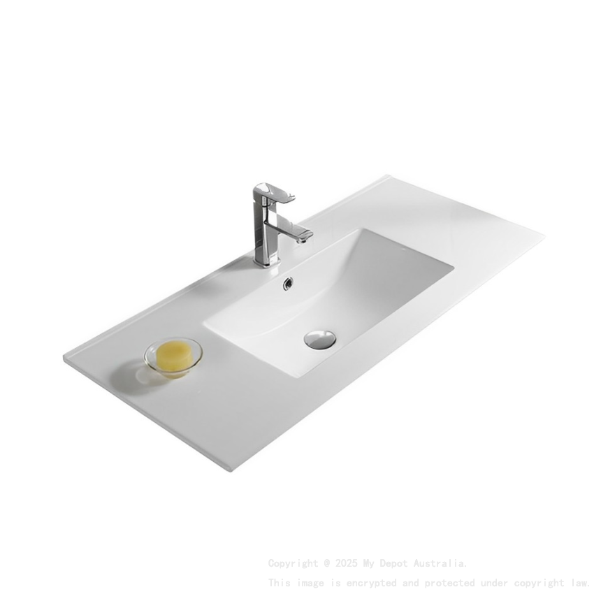 905*463*175mm Gloss White Crete Fine Ceramic Counter Top One Tap Hole Overflow 32mm Waste