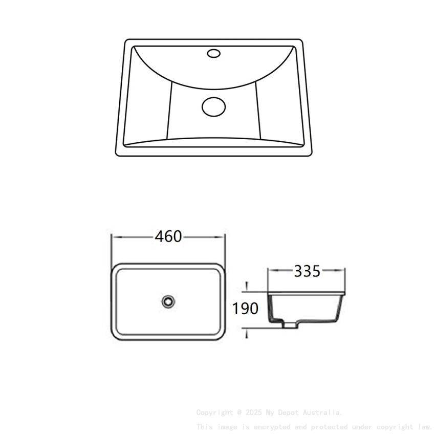 460*335*190mm Gloss White Crete Fine Ceramic Under Counter Basin With Overflow 32mm Waste