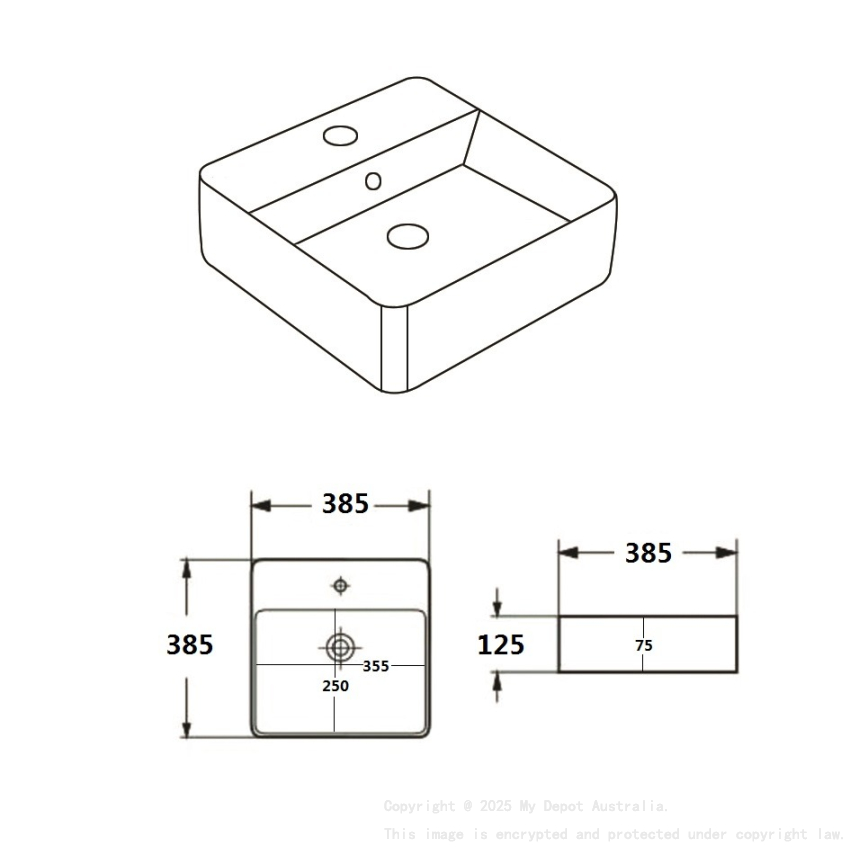 385*385*125mm Gloss White Crete Fine Ceramic Wall Hung /Above Basin Tap Hole With Overflow 32mm Waste