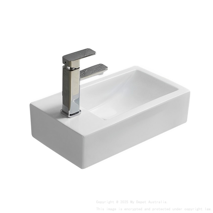 457*255*120mm Gloss White Crete Fine Ceramic Wall Hung Mini Basin Left Tap Hole No Overflow 32mm Waste