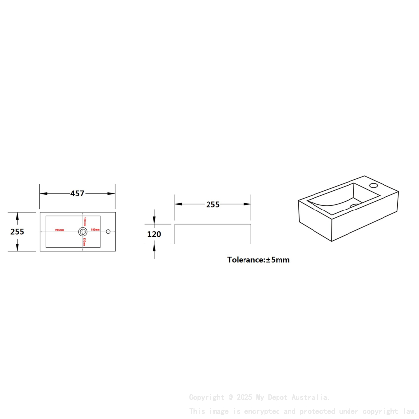 457*255*120mm Gloss White Crete Fine Ceramic Wall Hung Mini Basin Left Tap Hole No Overflow 32mm Waste