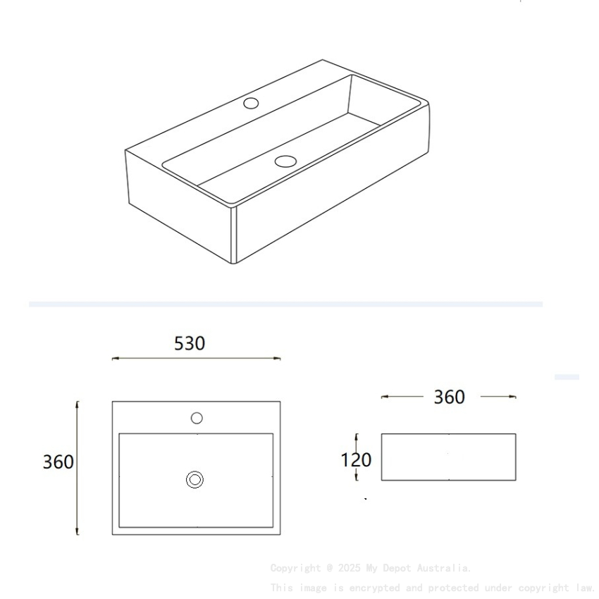 530*360*120mm Gloss White Crete Fine Ceramic Wall Hung/Above Basin Tap Hole No Overflow 32mm Waste