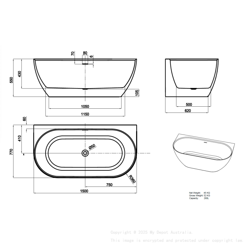 1500*770*551mm Matte White Ellips Back To Wall Free Standing Acrylic Bathtub  With Overflow Matte White Waste And Pipe Included