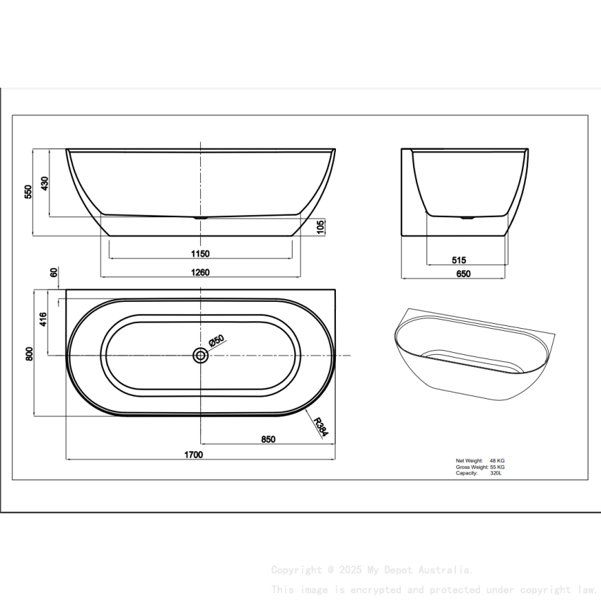 1700*800*550mm Matte White Ellips Back To Wall Free Standing Acrylic Bathtub No Overflow Matte White Waste And Pipe Included
