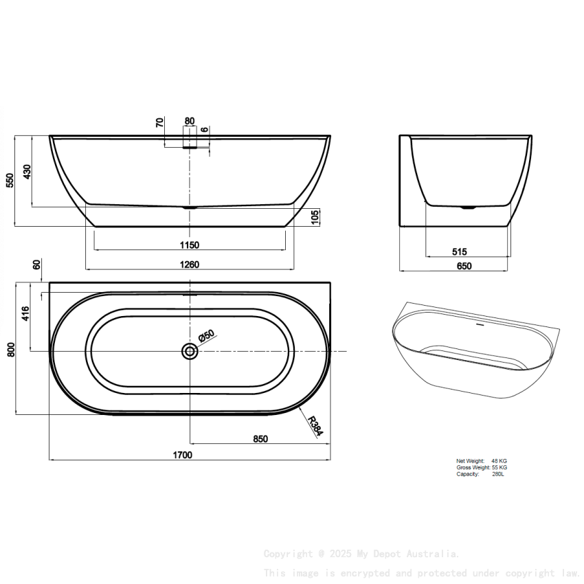1700*800*550mm Matte White Ellips Back To Wall Free Standing Acrylic Bathtub  With Overflow Matte White Waste And Pipe Included