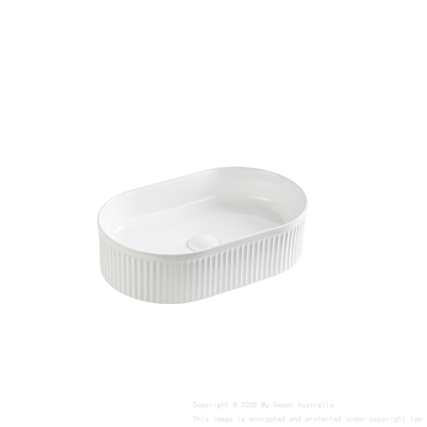490*310*130mm Gloss White Ellips Fluted Fine Ceramic Above Counter Basin No Overflow 32mm Waste