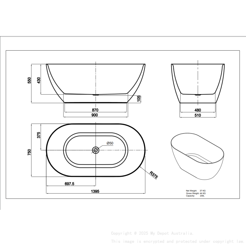 1395*750*550mm Matte White Ellips Slim Acrylic Freestanding Bathtub No Overflow Matte White Waste And Pipe Inlcuded