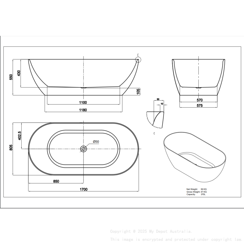 1700*805*550mm Matte White Ellips Slim Acrylic Freestanding Bathtub No Overflow Matte White Waste And Pipe Inlcuded