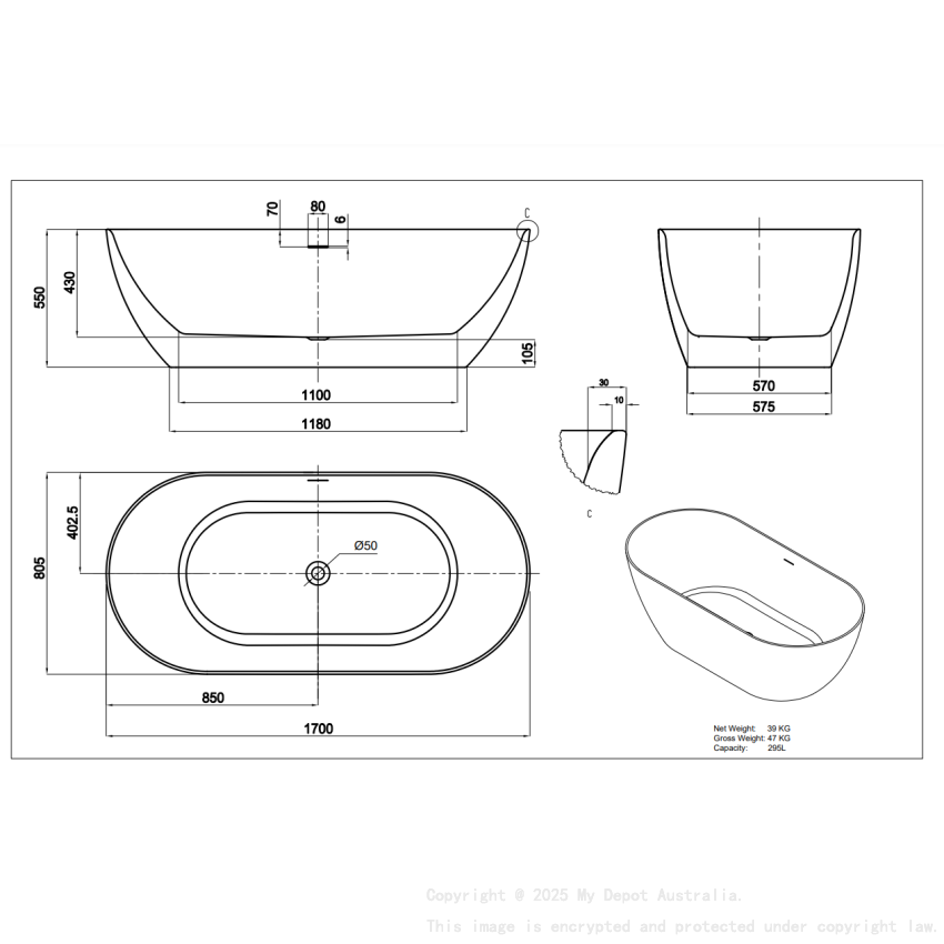 1700*805*550mm Gloss White Ellips Slim Acrylic Freestanding Bathtub No Overflow Chrome Waste And Pipe Inlcuded