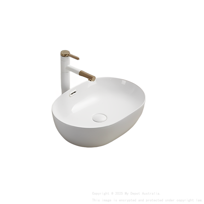 490*350*140mm Gloss White Ellips Fine Ceramic Above Counter Basins Overflow 32mm Waste