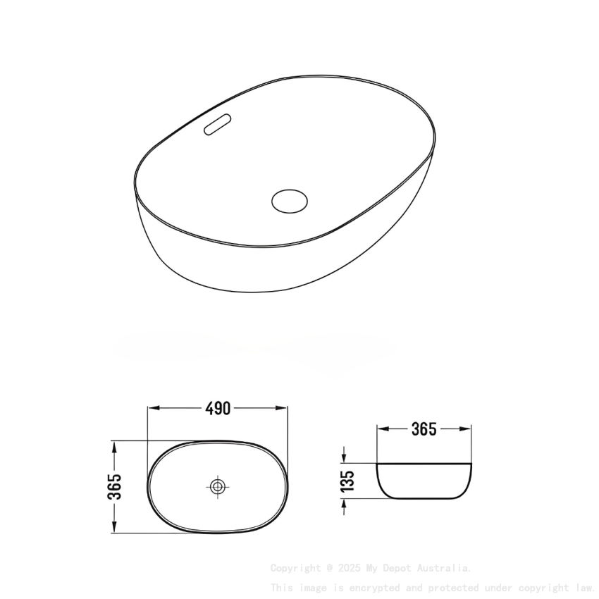 490*350*140mm Gloss White Ellips Fine Ceramic Above Counter Basins Overflow 32mm Waste