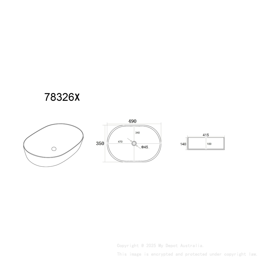 490*350*140mm Gloss White Ellips Fine Ceramic Above Counter Basins Non Overflow 32mm Waste