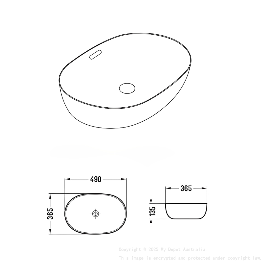 490*350*140mm Matte White Ellips Fine Ceramic Above Counter Basins Overflow 32mm Waste