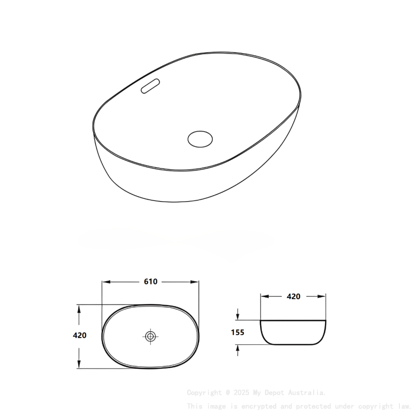 610*420*155mm Matte White Ellips Fine Ceramic Above Counter Basins Overflow 32mm Waste