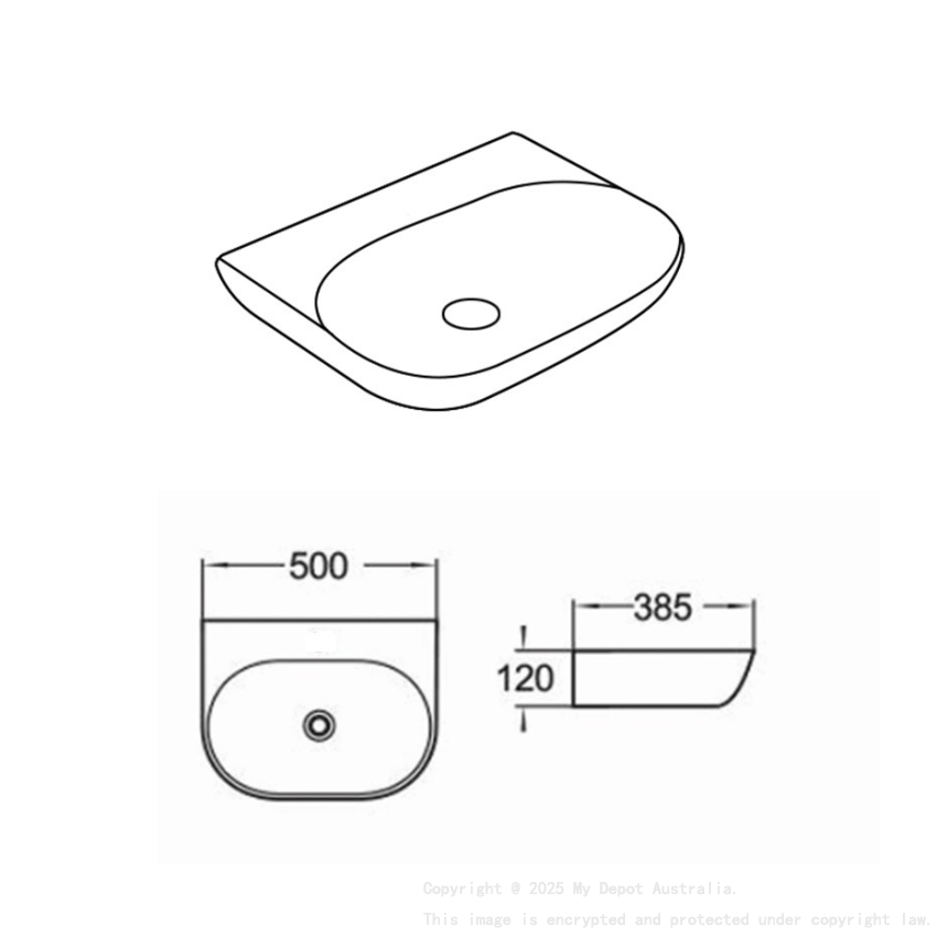 500*385*120mm Gloss WhiteEllips Fine Ceramic Wall Hung Basin No Tap Hole No Overflow 32mm Waste No Tap Hole