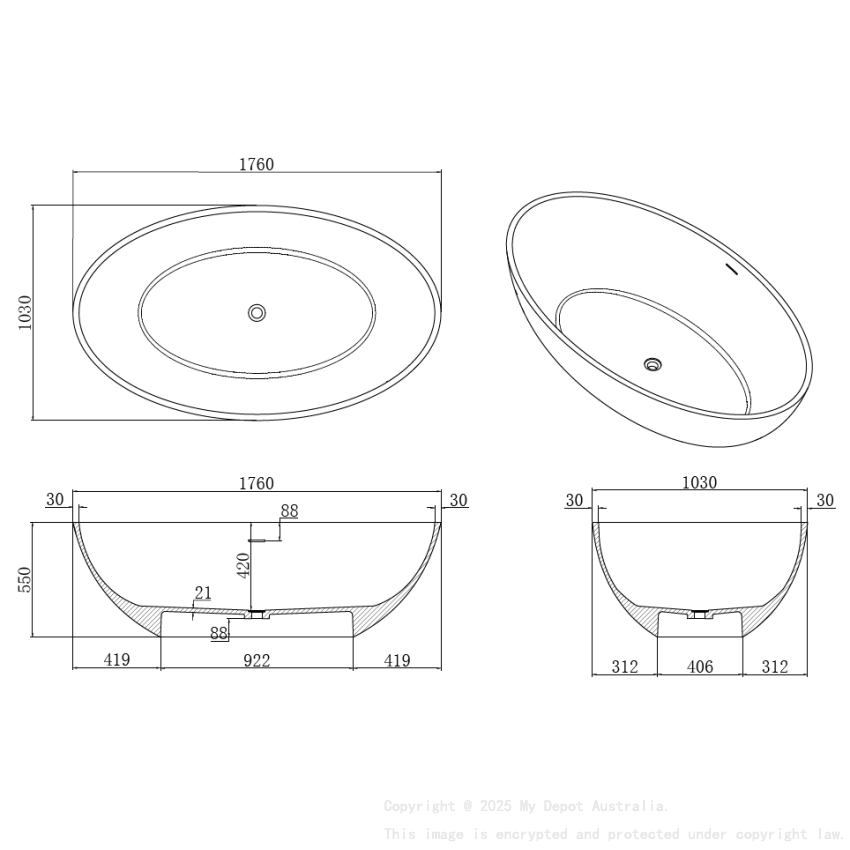 1760X1030X550mm Matt Black Kirra Solid Surface Stone Bath