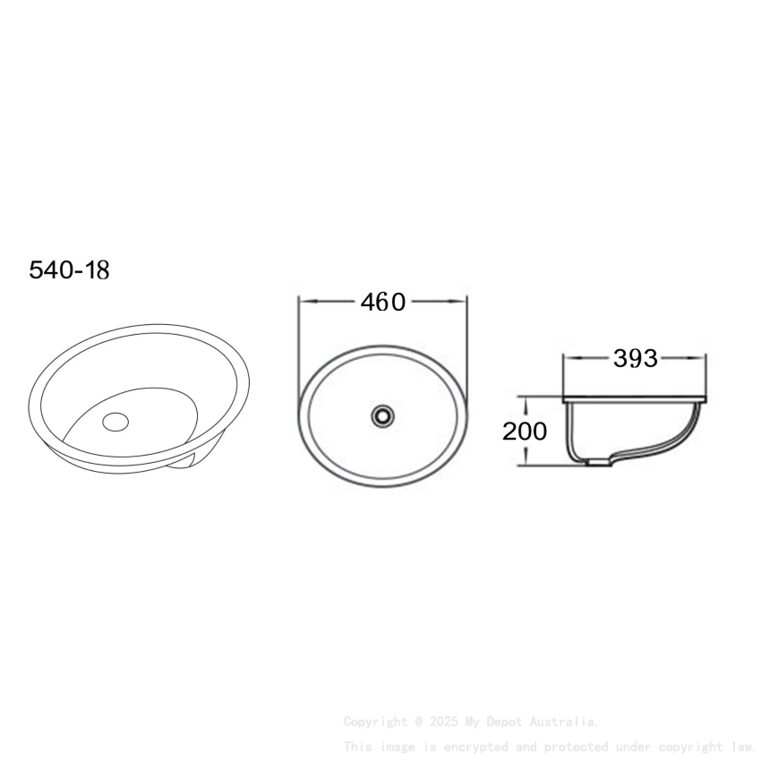 460*393*200mm Gloss White Elipps Fine Ceramic Under Counter BasinWith Overflow 32mm Waste
