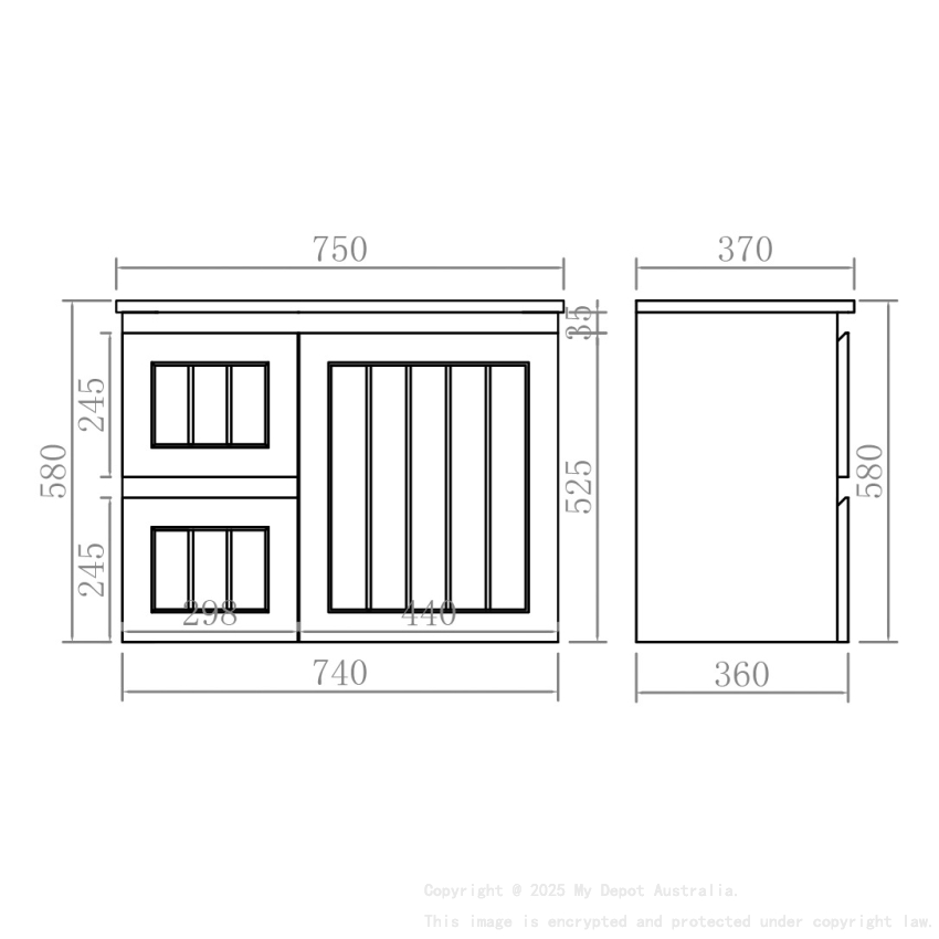 740*360*560mm Matte Black Archill Federation Wall Hung Ensuite PVC Cabinet Left Hand Drawer